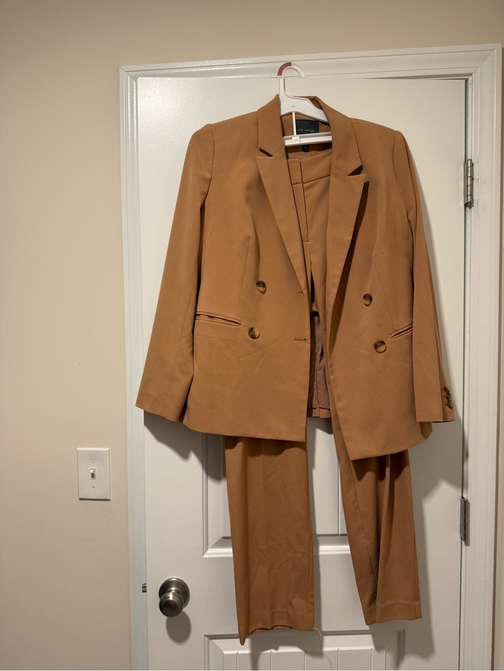 Women’s Double-Breasted Tan Blazer & Trousers Suit